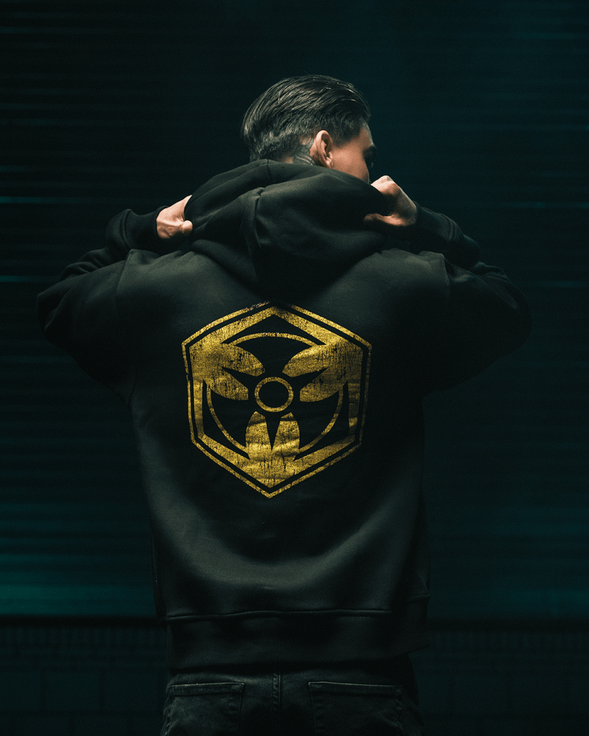 21. Hooded Sweater Logo Yellow black - Dominator Festival Store - HS1DOM2621